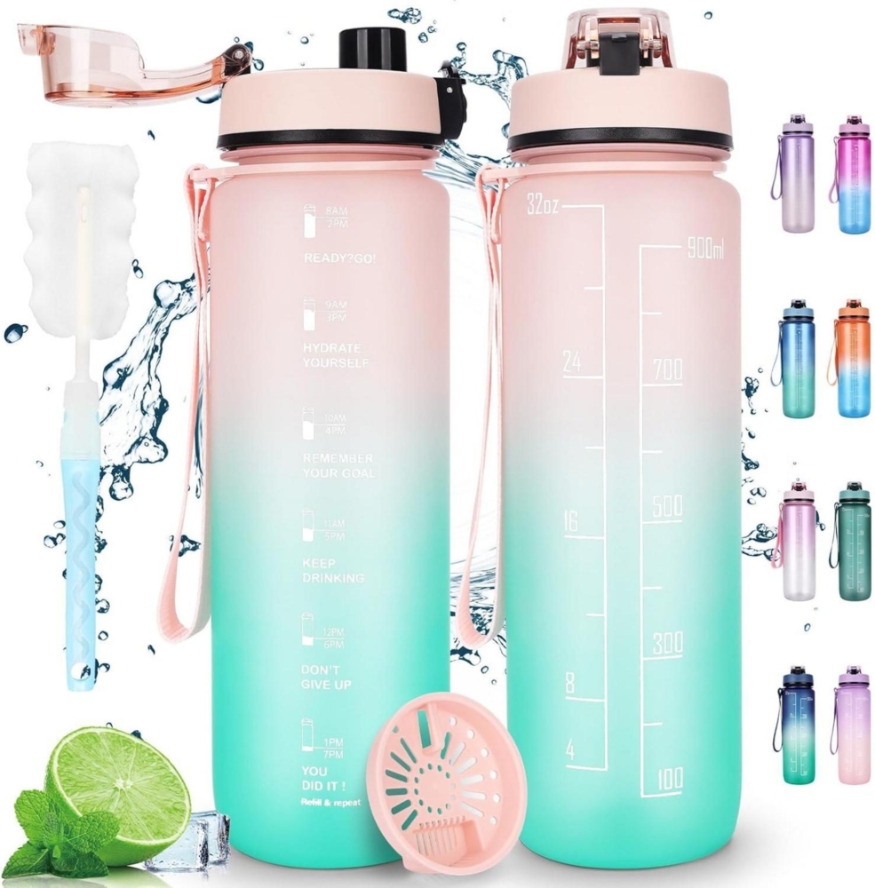 AOPREL Trinkflasche 1L Sport Wasserflasche Filter Zeitmarker Motivation Bild 1