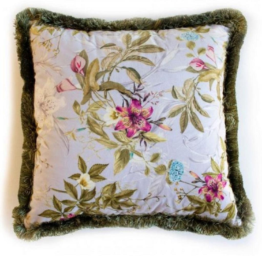 Casa Padrino Luxus Deko Kissen Blumen Design Grau / Mehrfarbig / Grün 45 x 45 cm - Bedrucktes Samt Kissen mit Fransen - Deko Accessoires Bild 1