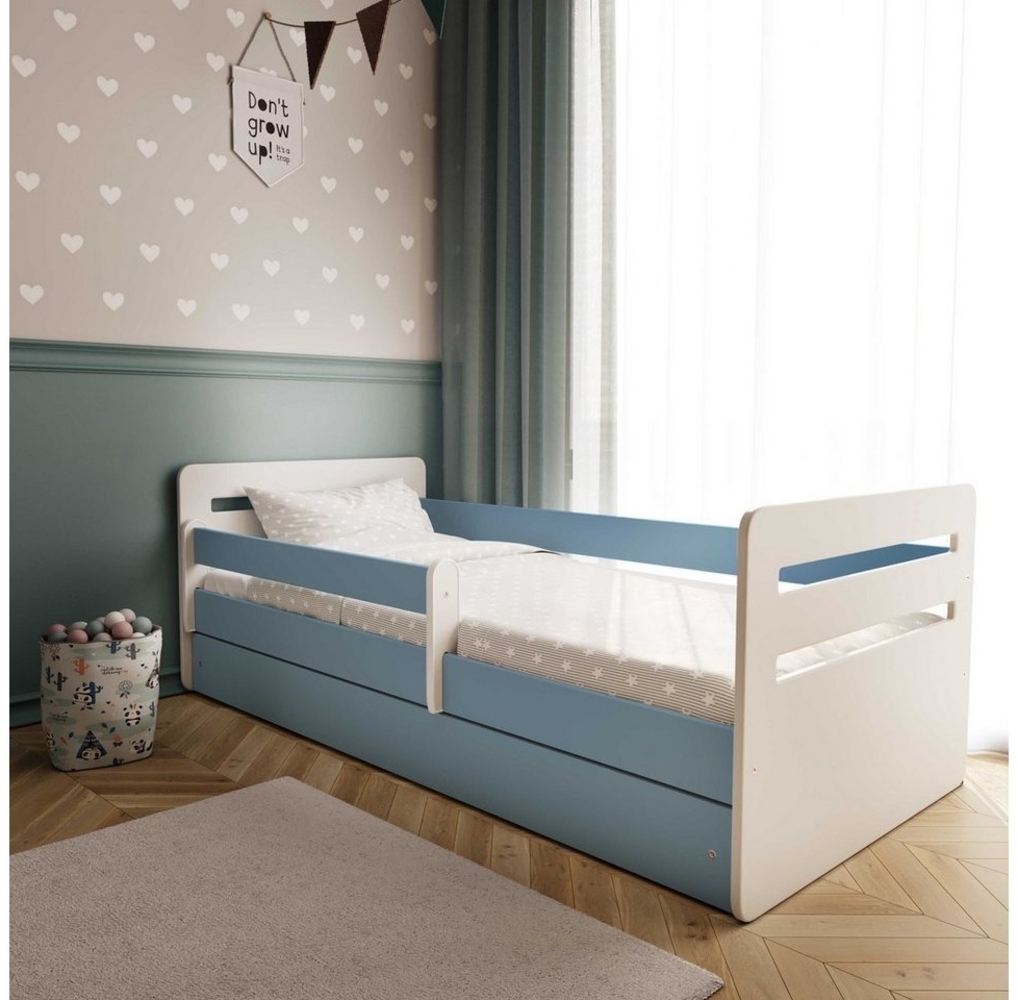 Bjird Kinderbett Tomi 140x80 160x80 180x80 (Mit 8 cm Matratze), mit Rausfallschutz Schubalde und Lattenrost für Mädchen und Junge Bild 1