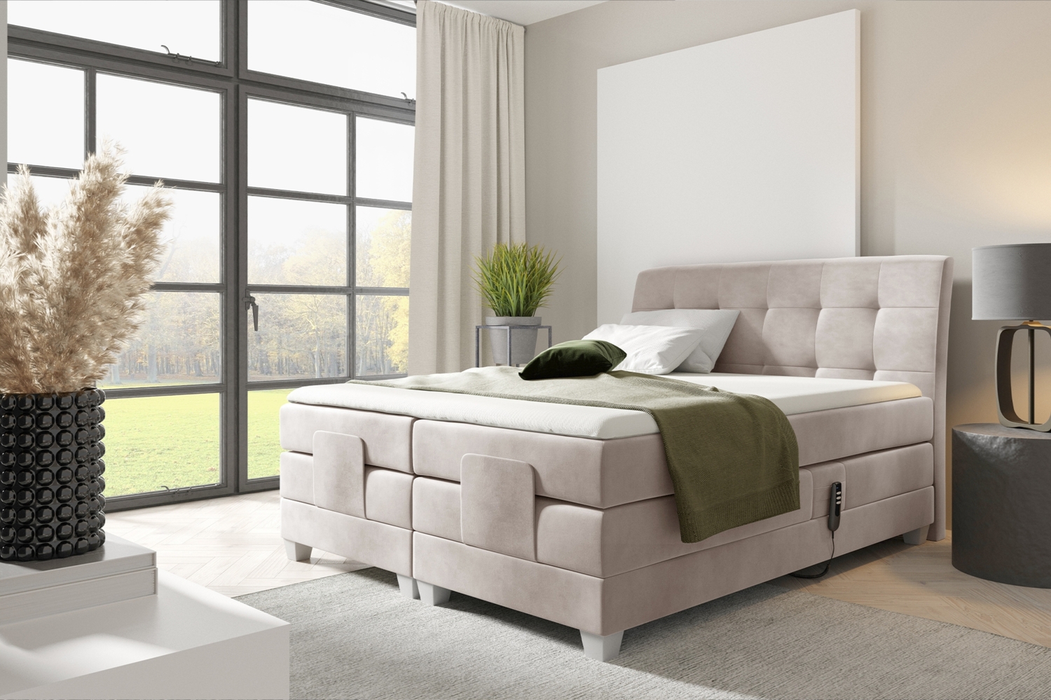 MEBLINI Boxspringbett Elektrisch DANTE 200x200 cm mit Bettkasten – H3/Beige Samt Polsterbett - Doppelbett mit Toppers & Taschenfederkern-Matratzen Bild 1