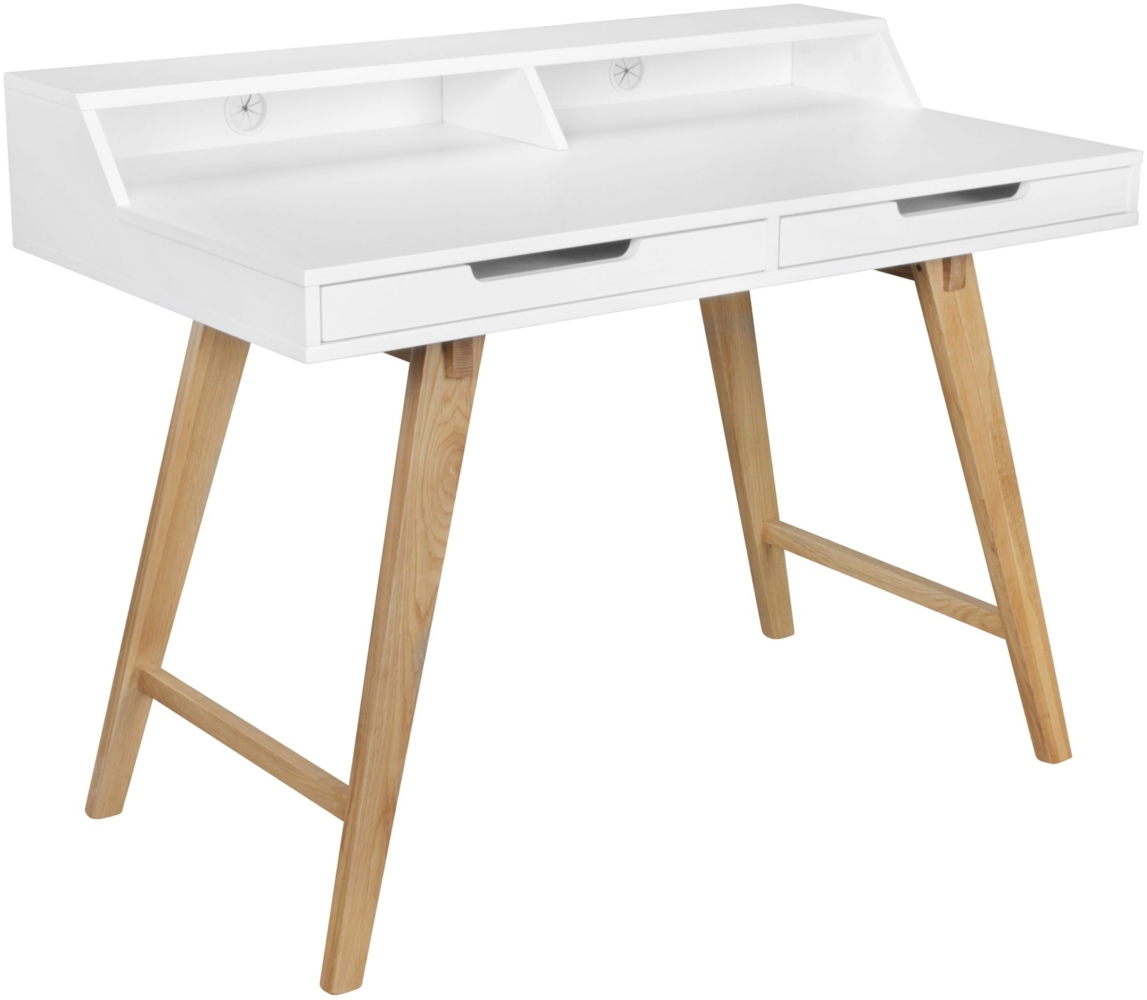 Schreibtisch 110 x 85 x 60 cm MDF-Holz skandinavisch weiß matt Arbeitstisch, Design Laptoptisch mit Kabeldurchlass, Bürotisch mit Eiche-Beinen Bild 1