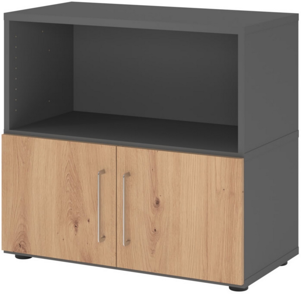 bümö flexi Aktenschrank klein mit Flügeltüren & 1 Regalfach in Graphit/Asteiche, Büroschrank mit werkzeuglosem Schnellmontage-Klicksysten in modularer Bauweise, FW28T1KG-G-R-BS Bild 1