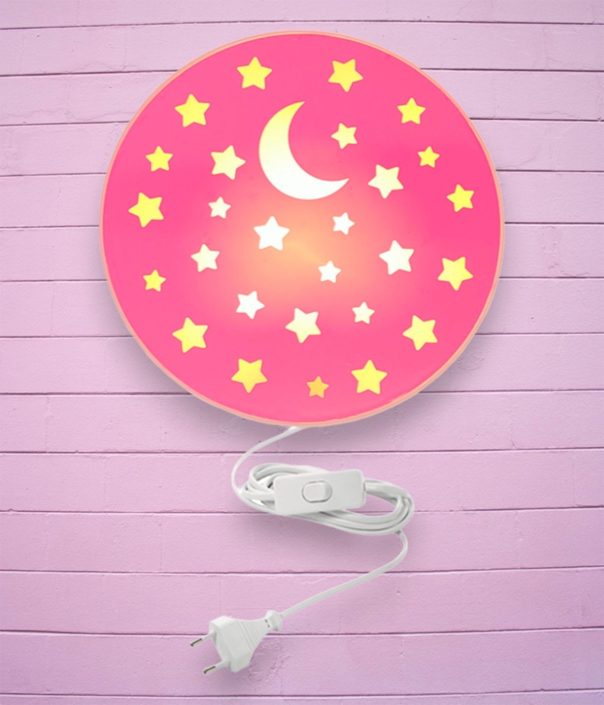 Kinderzimmer Wandlampe mit Mond & Sternen Rosa, Schalter & Stecker Ø25cm Bild 1
