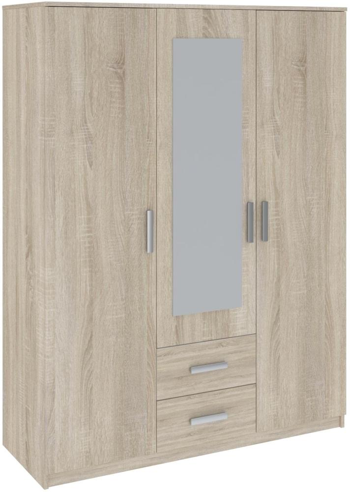 Oggi Saravena 3türiger Kleiderschrank Spiegel 2 Schubladen 6 Einlegeböden B 150 cm H 200 cm Modernes Design Schichtstoffplatte für Wohnzimmer Schlafzimmer Arbeitszimmer Sonoma Eiche Bild 1