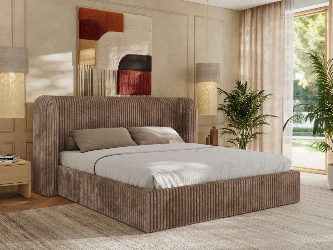 Polsterbett Bett mit Holzlattenrost Schlafzimmer Bett Doppelbett gepolstertes Kopfteil Foam Matratze - EMORA CLASSIC - 140x200 cm - Braun Cord - MIRO LUX Bild 1