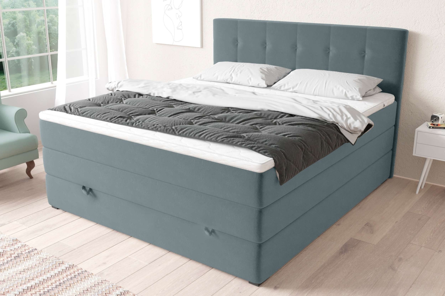 99rooms Madagaskar Boxspringbett Velours KRONOS Himmelgrau 160x200 cm Taschen-Federung Bild 1
