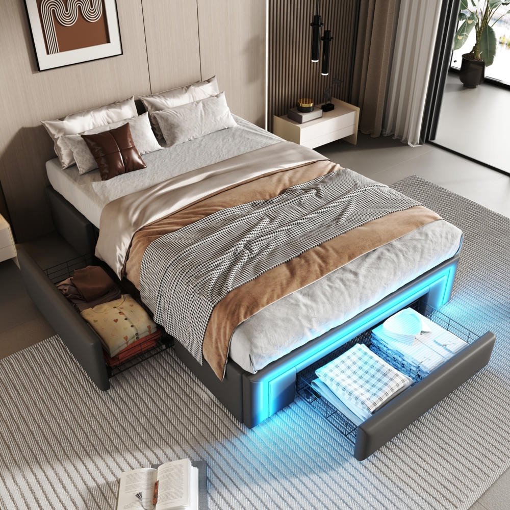 Merax Polsterbett 90x200cm ohne Kopfteil, Einzelbett Jugendbett mit Schubladen und Led, Stauraumbett, Grau Bild 1