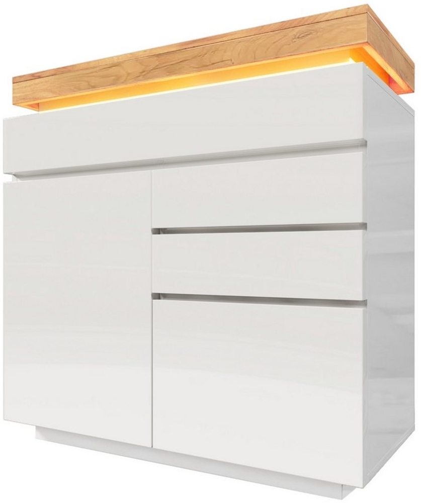 TavilaEcon Sideboard mit Hochglanz & 6 Schubladen & LED Beleuchtung (APP-Steuerung) (mit 3 Schubladen und 2 Türen), Geräuschloses Rollenschienensystem, 115 x 110 x 39 cm, weiß Bild 1