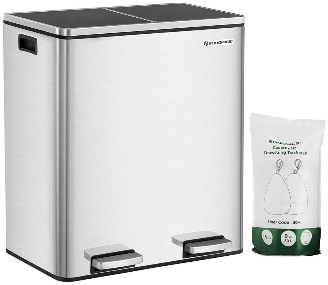 Songmics Mülleimer mit 2 Fächern und Softclose, luftdicht inkl. Müllbeutel, Metall, 60 (2x30) Liter, Silber Bild 1