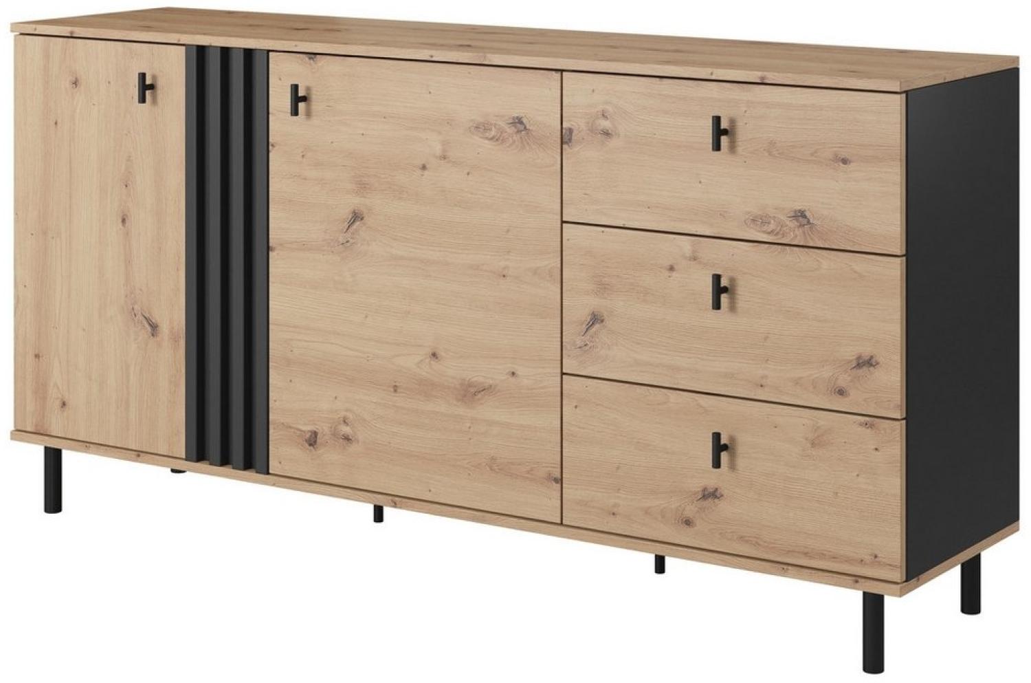 Furnix Kombikommode MADICI Sideboard mit 3 Schubladen und 2 Türen Artisan Eiche/Anthrazit, 4 geräumige Fächer, Metallgrife, Metallbeine, 165x82x40 cm Bild 1