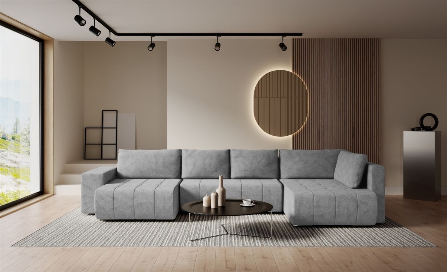 Wohnlandschaft Schlafsofa ARMANDA in Stoff Blur Silbergrau langer Schenkel Rechts Bild 1