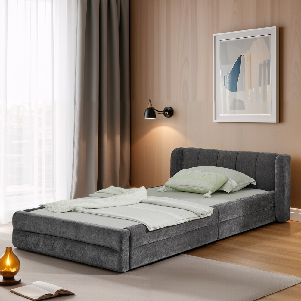 Chenille Bettgestell 90x200 cm, stabil & langlebig, bis 200 kg Tragkraft, ergonomisches Kopfteil Bild 1