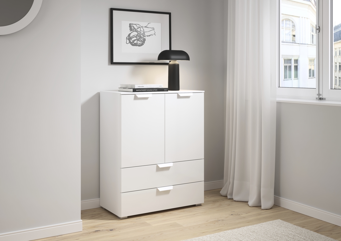 rauch Aditio Box, Kommode, 2-türig, 2 Schubladen, mit Glasfront, mit Softclose-Funktion, Farbe Weiß, BxHxT 80x100x42cm Bild 1