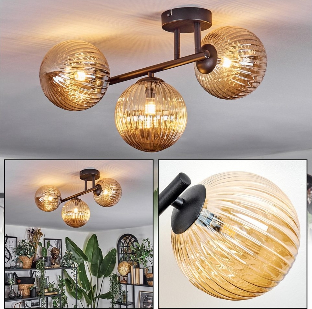 hofstein Deckenleuchte 3-flammige Deckenlampe aus Metall/Riffelglas in Schwarz/Bernstein, ohne Leuchtmittel, im Vintage-Design (Schirme Ø 15 cm), G9 Bild 1