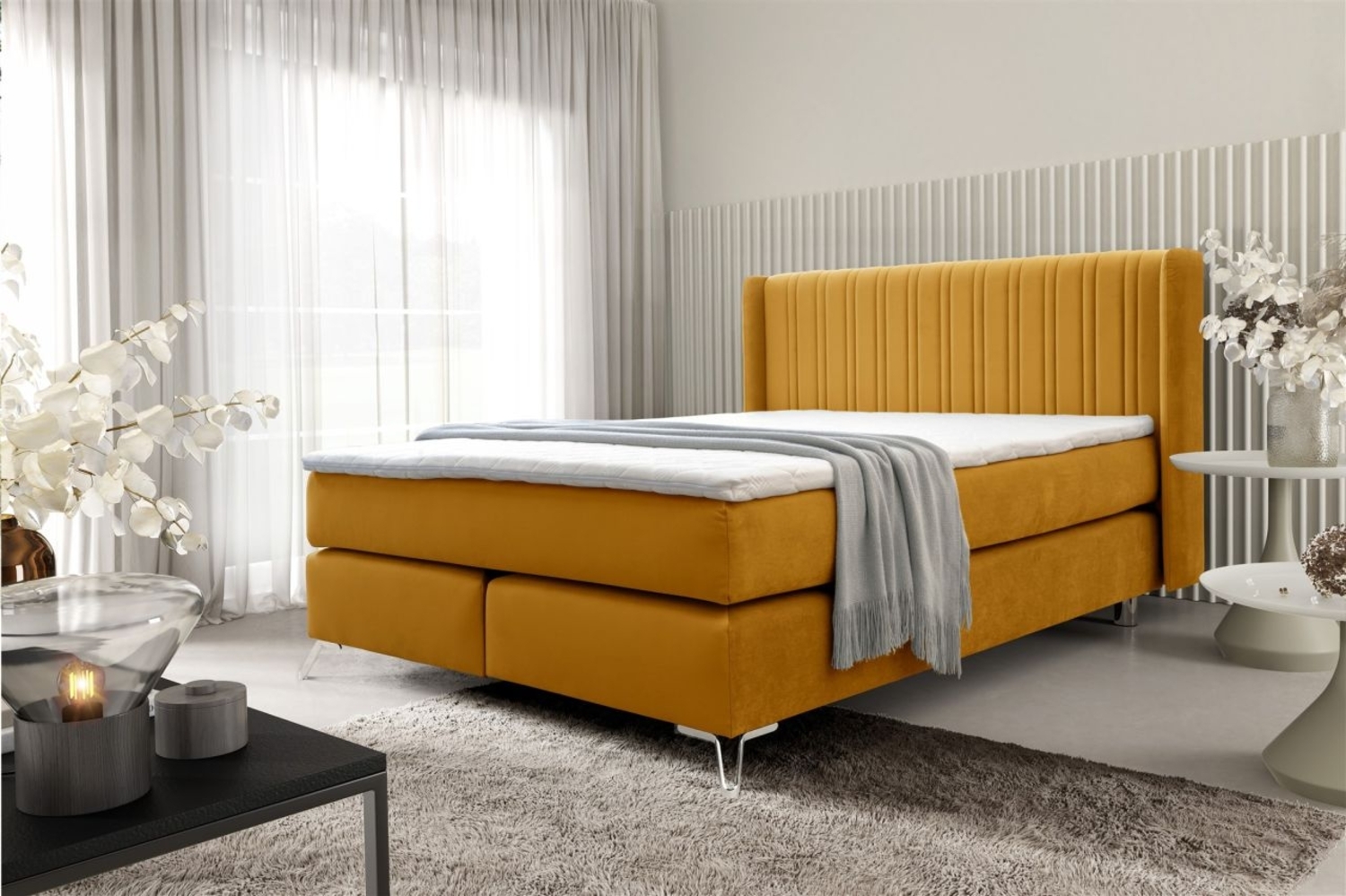 Boxspringbett Schlafzimmerbett AGNUS 180x200 cm in Stoff Salvador Honiggelb Bild 1