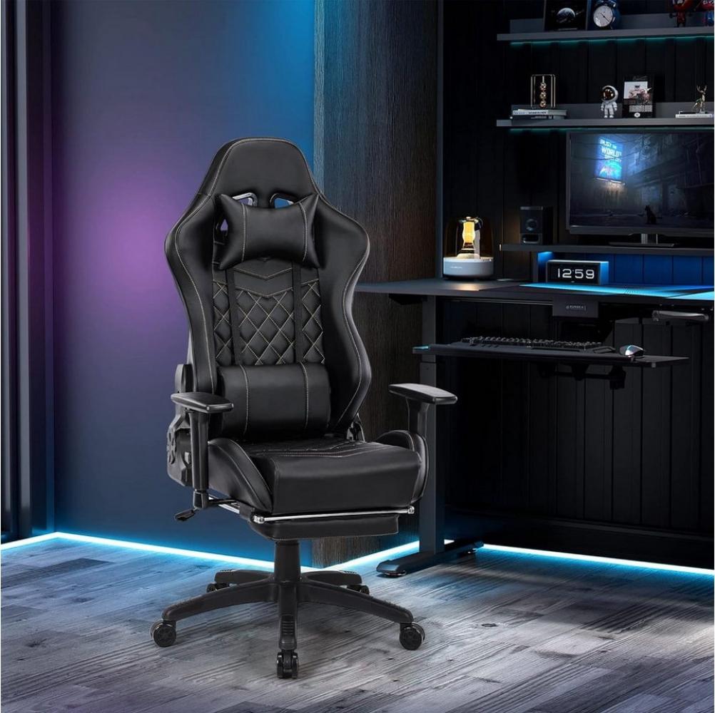 liebtech Gaming-Stuhl Ergonomischer Gaming-Stuhl mit Massagefunktion und Fußstütze (verstellbarer Rückenlehne, höhenverstellbarem Sitz, robustem Stahlrahmen), 180 kg Tragfähigkeit, hochwertigem PU-Leder, Schwarz. Bild 1