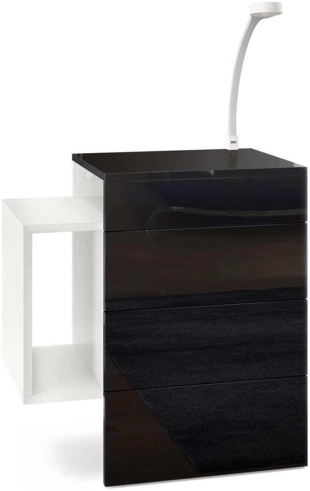 Vladon Nachttisch Queens, Nachttischschrank mit 2 Schubladen und 1 seitlichem Fach zur Wandmontage, Weiß matt/Schwarz Hochglanz, inkl. LED Flexi Lampe weiß (60 x 63 x 36 cm) Bild 1