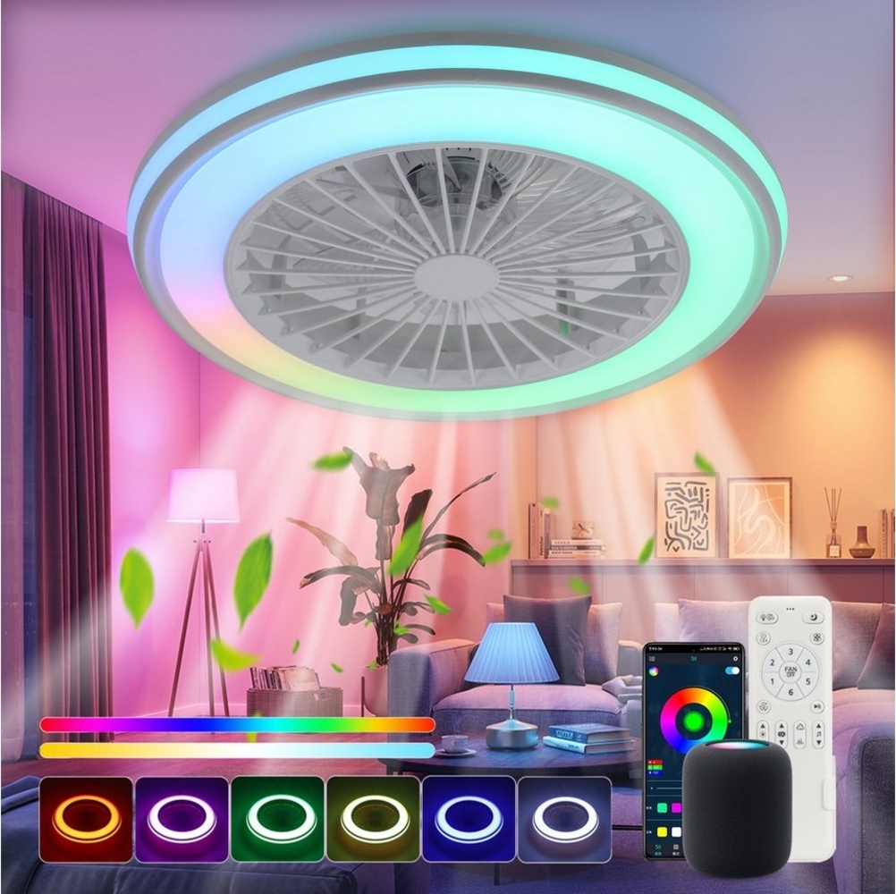 WILGOON Deckenleuchte Deckenventilator mit Beleuchtung, Music RGB Dimmbar mit Fernbedienung, Luftzirkulationsfunktion, LED fest integriert, Warmweiß, Neutralweiß, Kaltweiß, RGB Farbwechsel, Schlafzimmer Leise Ventilator mit Bluetooth für Wohnzimmer Küc... Bild 1