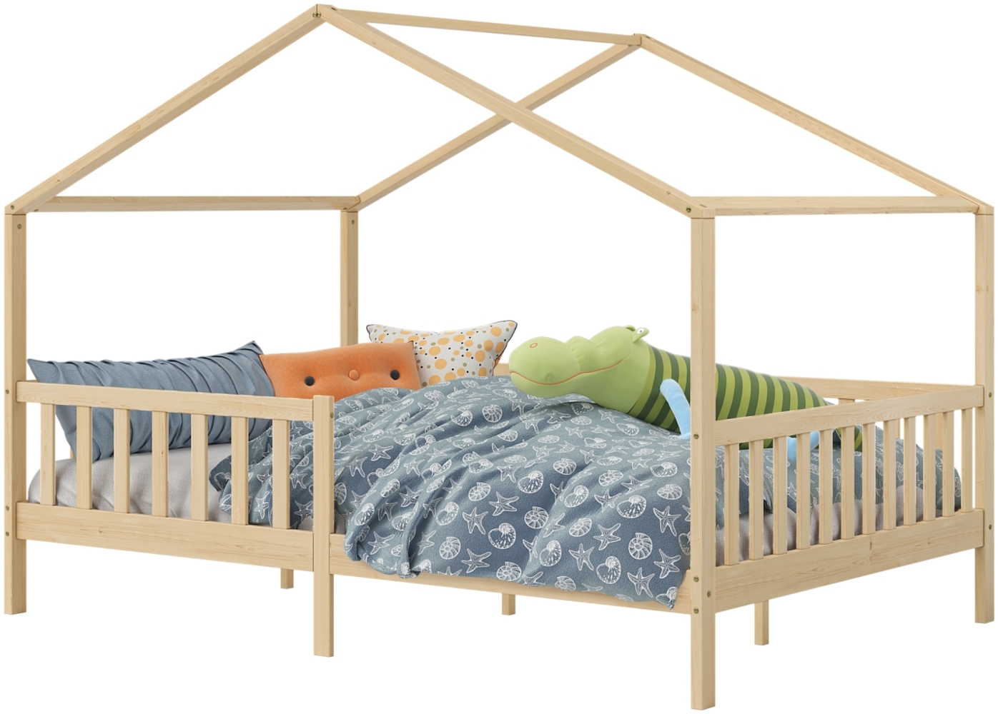 Bellabino 'Bia' Hausbett 140x200 cm mit Matratze, natur, Kiefer Massivholz, Montessori Kinderbett mit Rausfallschutz und Lattenrost Bild 1