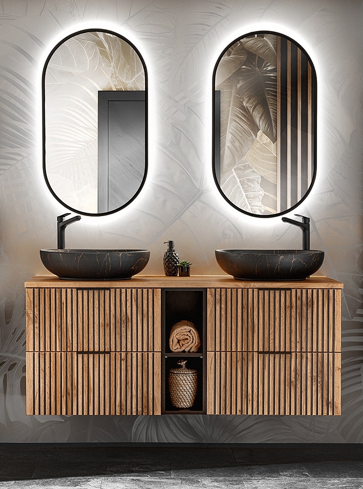 Badezimmer Waschplatz Set Doppelwaschtisch mit Regal, LED Spiegel XANTEN-56 in anthrazit mit Eiche Nb. schwarze Rillen, B/H/T: ca. 140,6/200/46,5 cm Bild 1