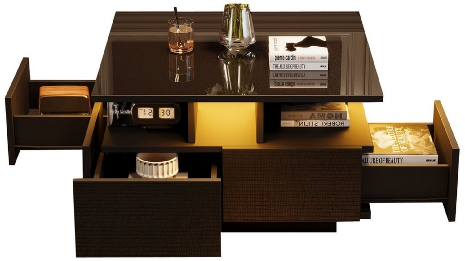 Merax Couchtisch hochglanz Sofatisch Beistelltisch mit LED-Beleuchtung & USB-Anschluss (Kaffeetisch mit App-gesteuerter Beleuchtung, 1-St), Wohnzimmertisch mit 4 Schubladen und 3-Stufen-Design, 70x70x40cm Bild 1