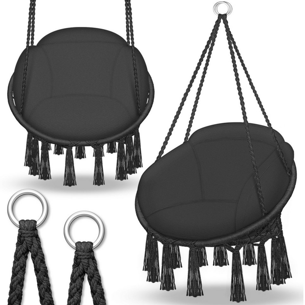 tillvex Hängesessel Schwarz mit großem Kissen 200kg zum Aufhängen | Hängestuhl Indoor & Outdoor | Hängekorb wetterfest | Schaukelkorb Bild 1