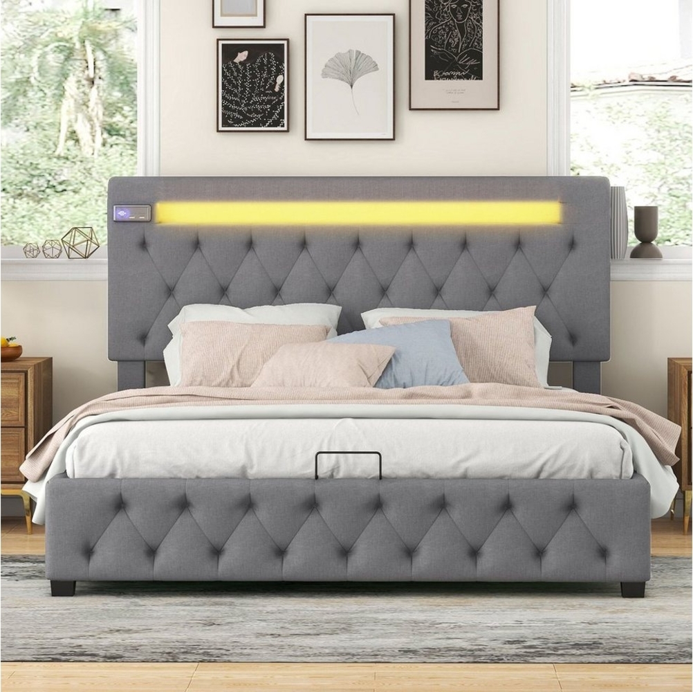 HAUSS SPOLE Polsterbett Doppelbett Polsterbett Funktionsbett Bettrahmen (Modernes Bettgestell mit Stauraum, Verstellbares Kopfteil, Grau (140x200cm), mit aufladen USB, Bluetooth-Player und LED-Beleuchtung Bild 1