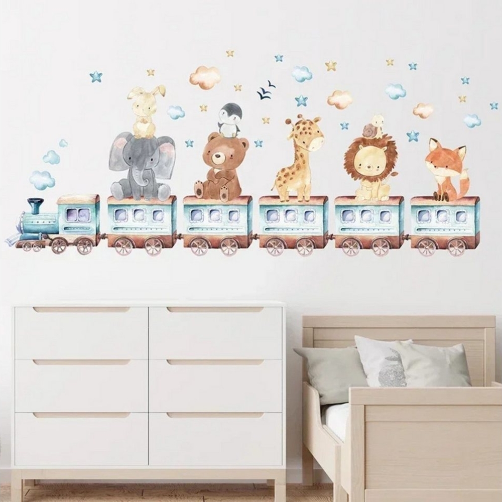 Montegoni Wandsticker Kinder Tier Wandsticker, Wandaufkleber Deko (Wandtattoo mit Waldtieren für Kinderzimmer, Afrika Tiere Wandaufkleber Elefant Giraffe Bär Fuchs,Löwe), wasserdichte,abnehmbare Bild 1