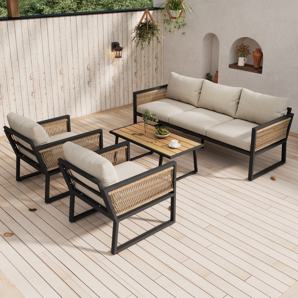 Gartenlounge-Set Outdoor-Möbelset, 5 -tlg. 3er Sofa, 2 Sessel, Hocker und Esstisch, Tischplatte aus Kunststoffholz, Armlehnen aus geflochtenem Seil Bild 1