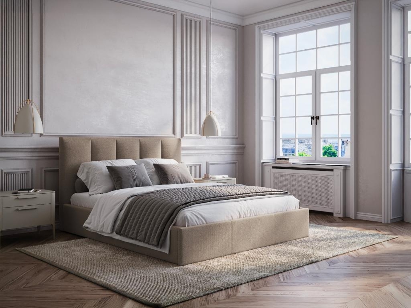 Vente-unique - Bett mit Bettkasten & Kopfteil mit vertikalen Ziernähten - 140 x 190 cm - Stoff - Taupe - KILACLO Bild 1