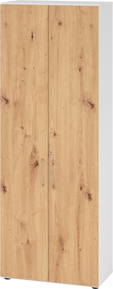 bümö Aktenschrank abschließbar, Büroschrank Holz 80cm breit in Weiß/Asteiche - abschließbarer Schrank mit Aktenregal für's Büro & Arbeitszimmer, Büro Möbel Ordnerschrank mit Schloss, 968T6-W-R-BS Bild 1