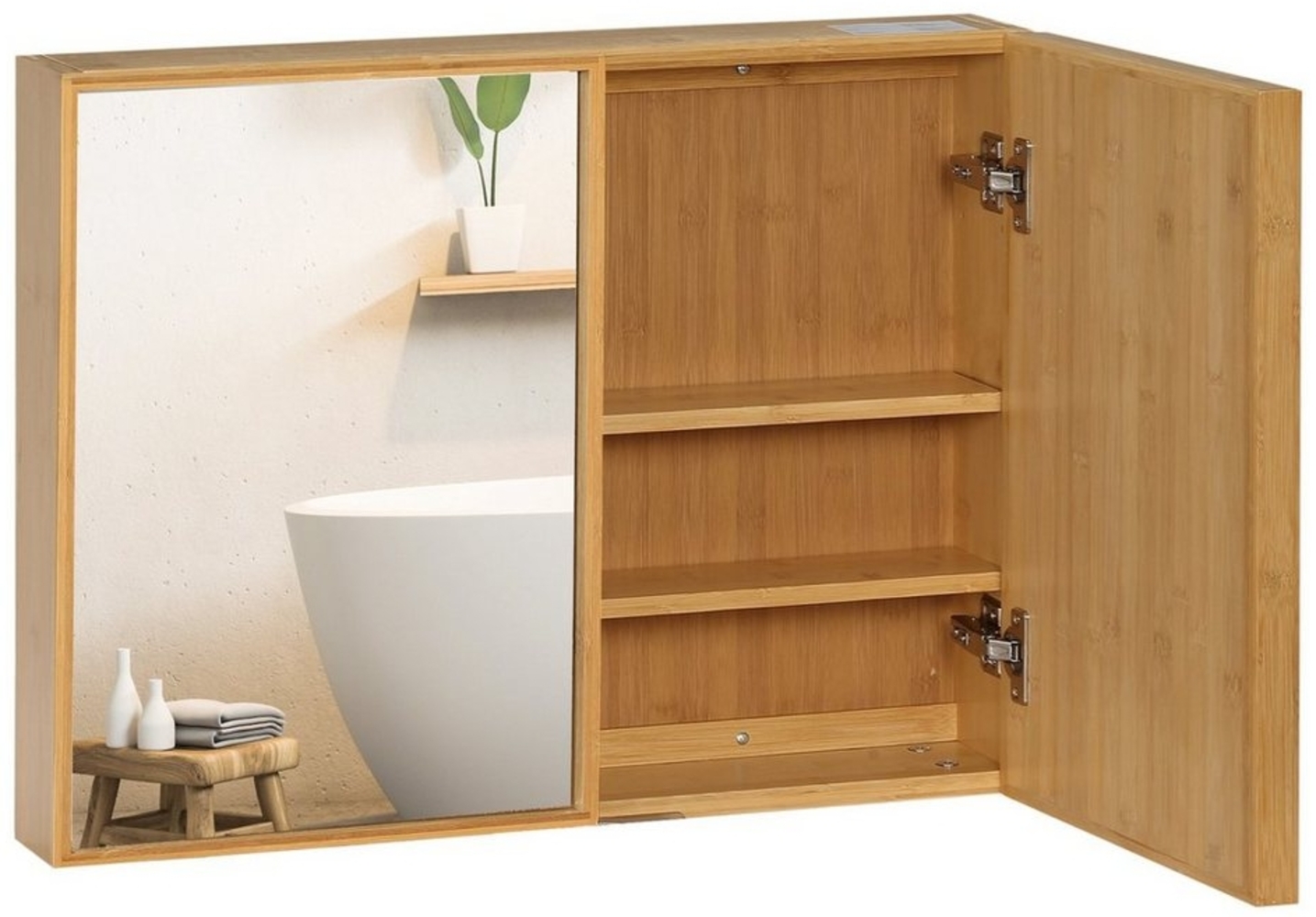 Kleankin Spiegelschrank Wandschrank mit 3 Innenböden Doppeltür (Badezimmerschrank mit Spiegel, 1-St, Hängeschrank) Bambus, Natur, 65,2 x 14 x 50 cm Bild 1