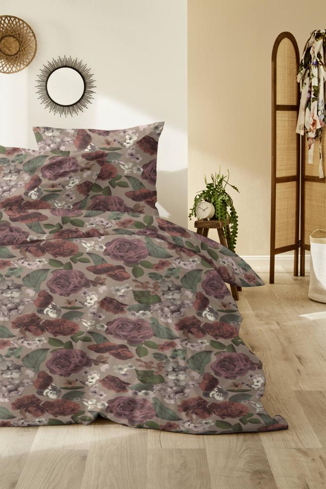 Primera Edelflanell Bettwäsche 135x200 Blüten Rosen burgund taupe grün 174141-77 Bild 1