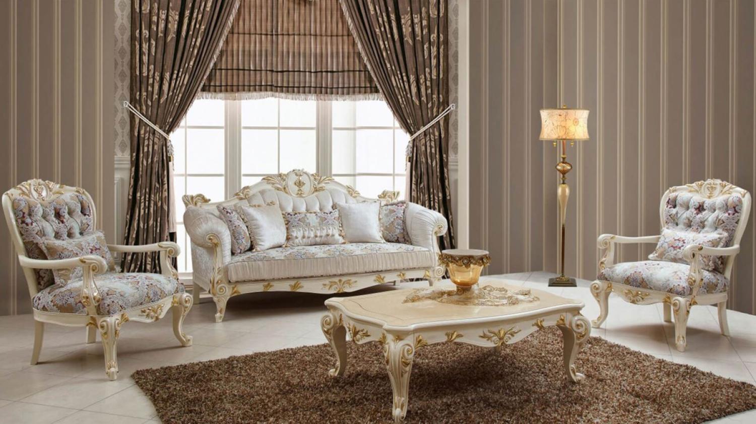 Casa Padrino Luxus Barock Wohnzimmer Set Weiß / Braun / Mehrfarbig / Creme / Gold - 2 Barock Sofas & 2 Barock Sessel & 1 Barock Couchtisch - Luxus Wohnzimmer Möbel im Barockstil - Barock Möbel Bild 1