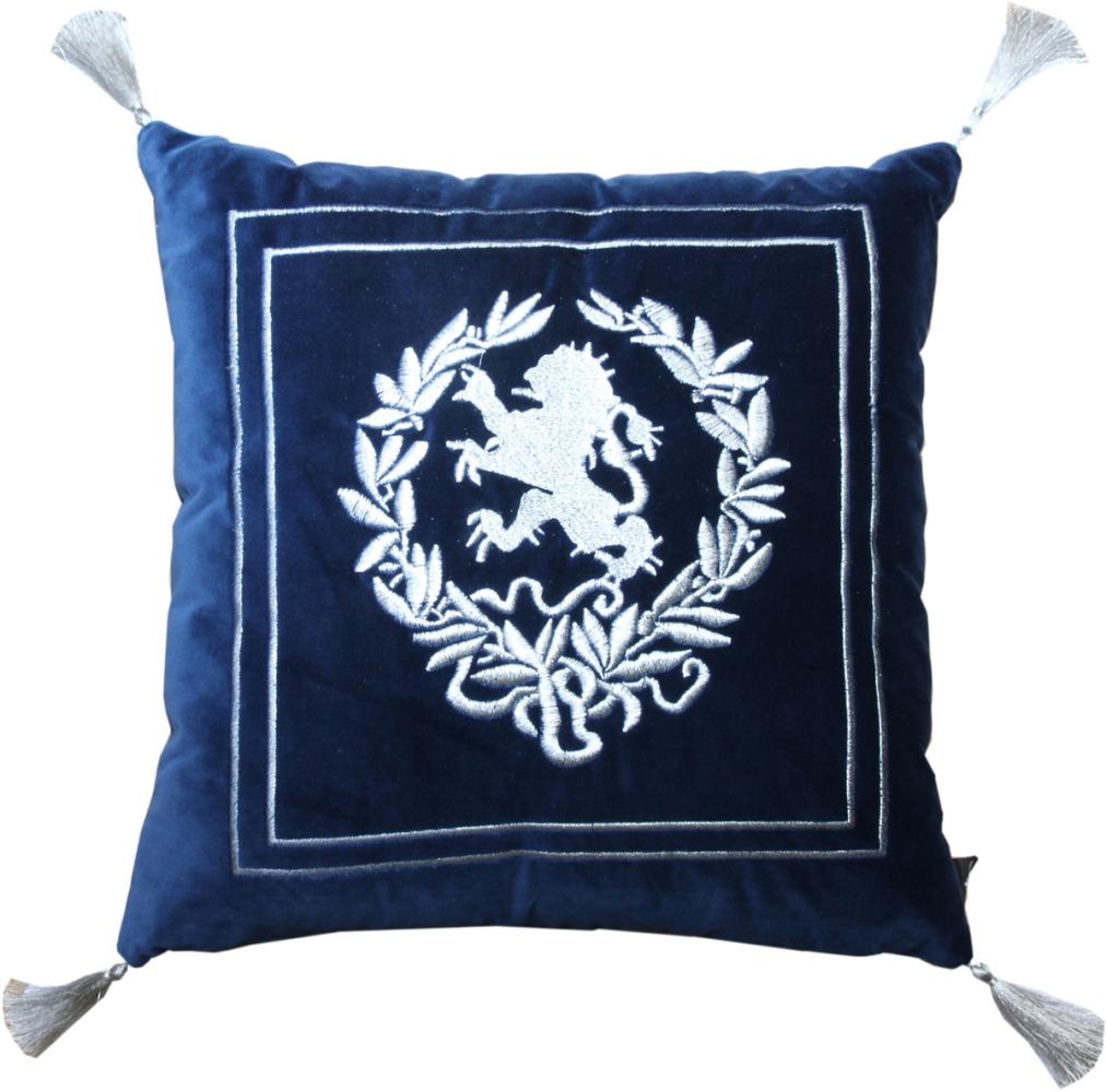 Casa Padrino Luxus Deko Kissen Wappen Dunkelblau / Silber mit Troddeln 45 x 45 cm - Feinster Samtstoff - Luxus Wohndeko Bild 1