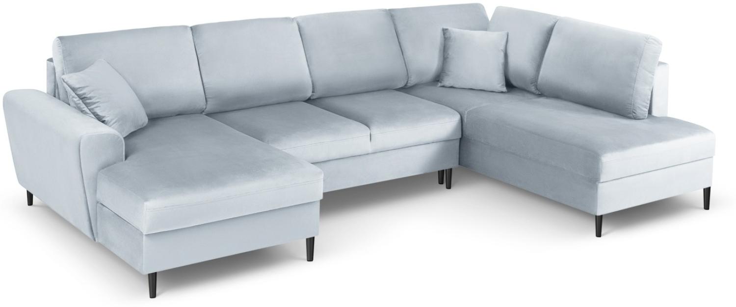 Micadoni 7-Sitzer Samtstoff Panorama Sofa Rechts mit Box und Schlaffunktion Moghan | Bezug Light Blue | Beinfarbe Black. Bild 1