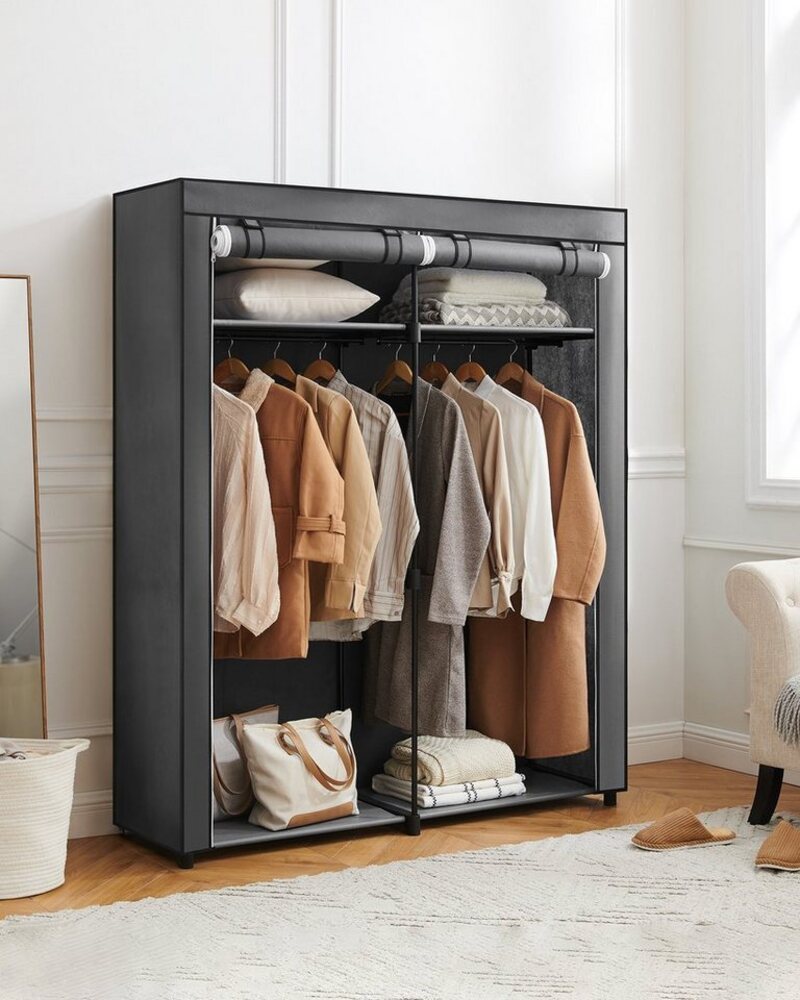 Stoffschrank mit Kleiderstangen, Stoff, Metall, Kunststoff, Grau, 140 x 43 x 174 cm Bild 1