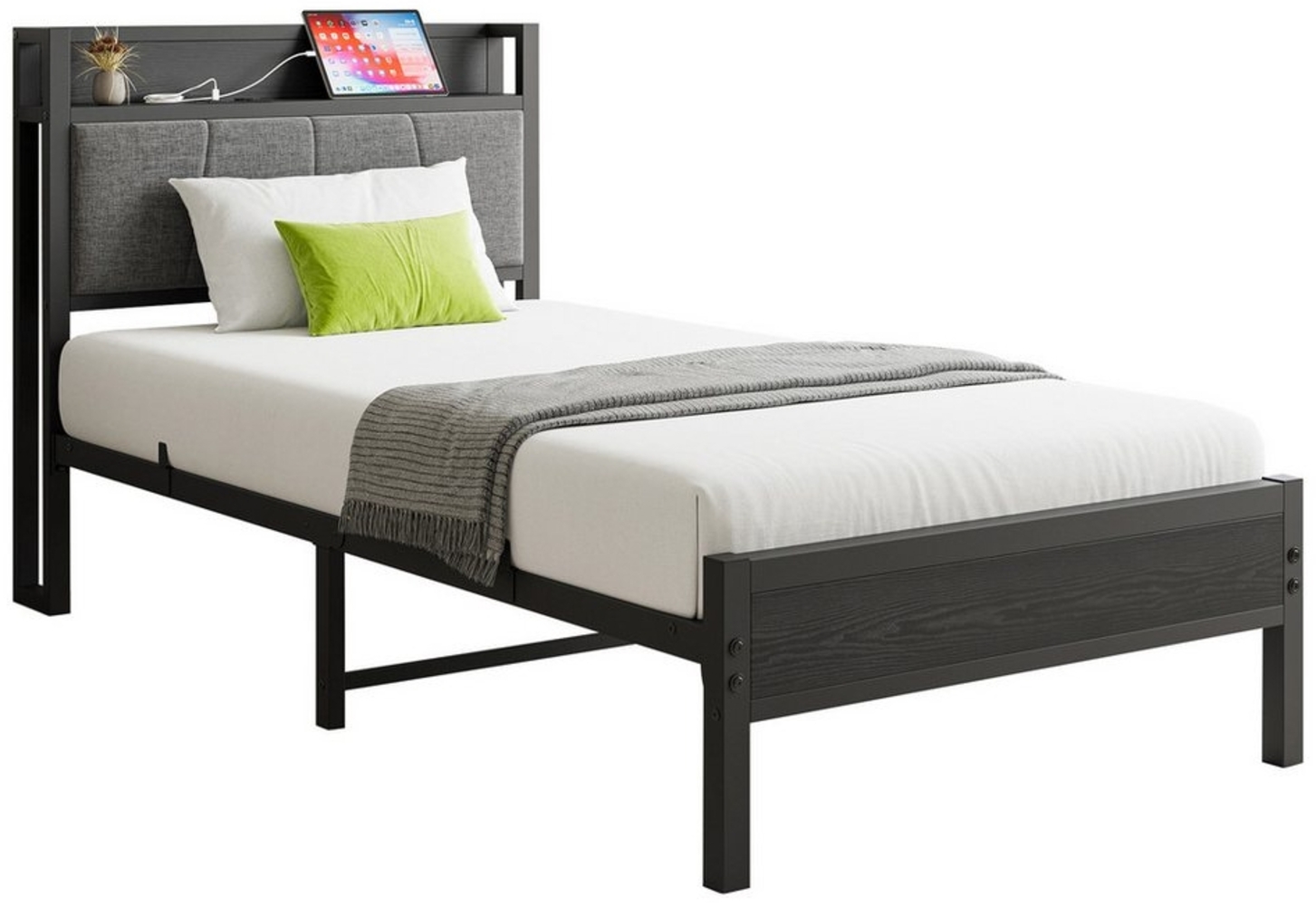 MODFU Metallbett Robustes und stabiles Design – Bis zu 180kgTragkraft (mit 1 Steckdosen, 2 USB-Ladeanschlüssen, 90x200 cm ohne Matratze), Geeignet für Kinder und verschiedene Matratzen Bild 1