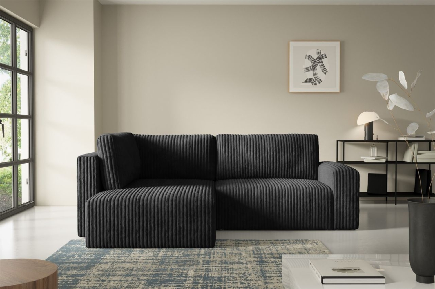 Ecksofa mit Schlaffunktion NATALIA XL in Stoff Tilia Schwarz Ottomane Links Bild 1