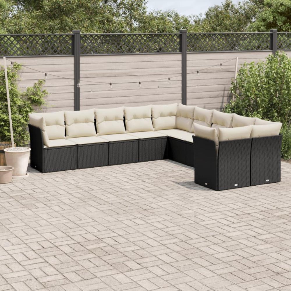 vidaXL 10-tlg. Garten-Sofagarnitur mit Kissen Schwarz Poly Rattan 3218236 Bild 1