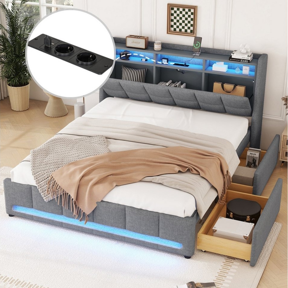 STILVORA Polsterbett Doppelbett 140×200 Stauraumbett mit Steckdosen Jugendbett mit APP-LED (mit USB-Ladeanschluss, LED-Ambientebeleuchtung & Schubladen – Ideal für Schlafzimmer und Jugendzimmer, 140x200 cm), Ohne Matratze Bild 1
