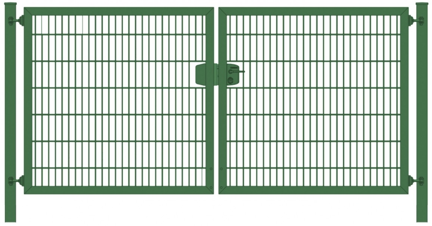 Einfahrtstor Premium Plus 6/5/6 (2-flügelig) symmetrisch Moosgrün RAL 6005 Doppelstabmatte Breite 350 cm x Höhe 140 cm Bild 1