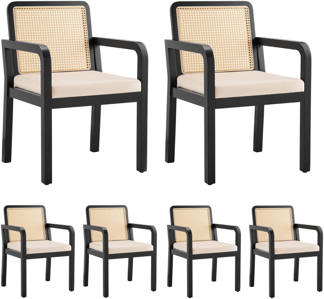 Merax Esszimmerstühle (6er-Set) , Schminkstuhl, ergonomischer Stuhl, Leicht-Luxus-Stuhl, Rattan-Rückenlehne, Gummiholz-Stuhlbeine, Samt, Schwarz Bild 1