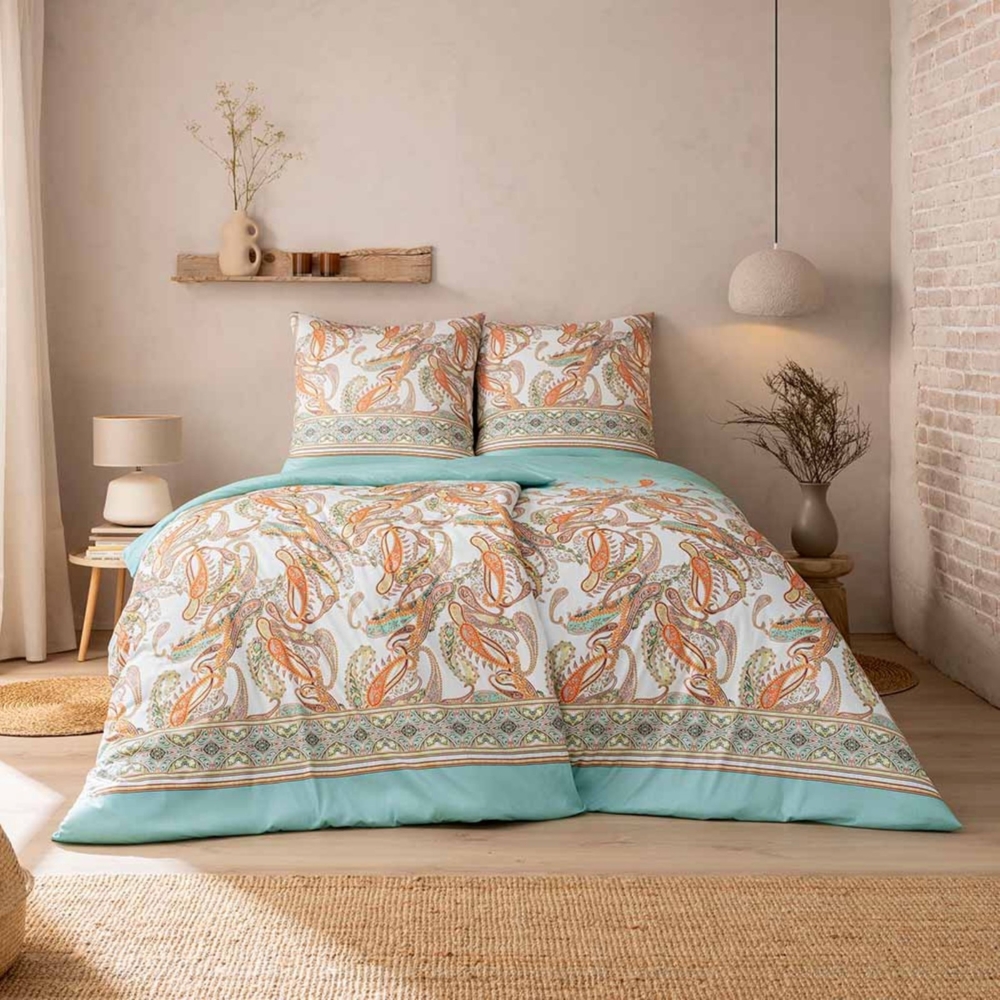 Estella Mako Jersey Bettwäsche 155x220 Siena azur Paisley orange natur 6627-640 Bild 1