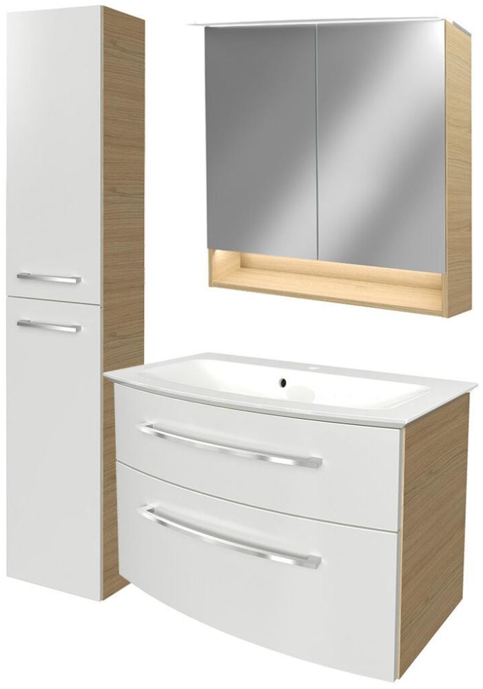 Fackelmann B.STYLE Badmöbel Set 4-teilig, 83 cm, Weiß/Braun + LED-Spiegelschrank + Hochschrank links Bild 1