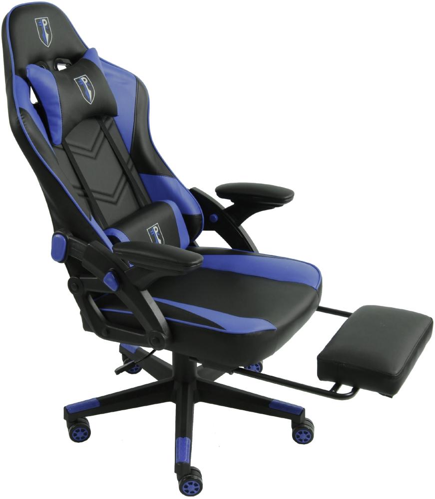 Gaming Stuhl im modernen Racing-Design mit ausziehbarer Fußstütze Gaming Chair mit verstellbaren Design Armlehnen ergonomischer Schreibtischstuhl mit extra Stützkissen Schwarz/Blau Bild 1