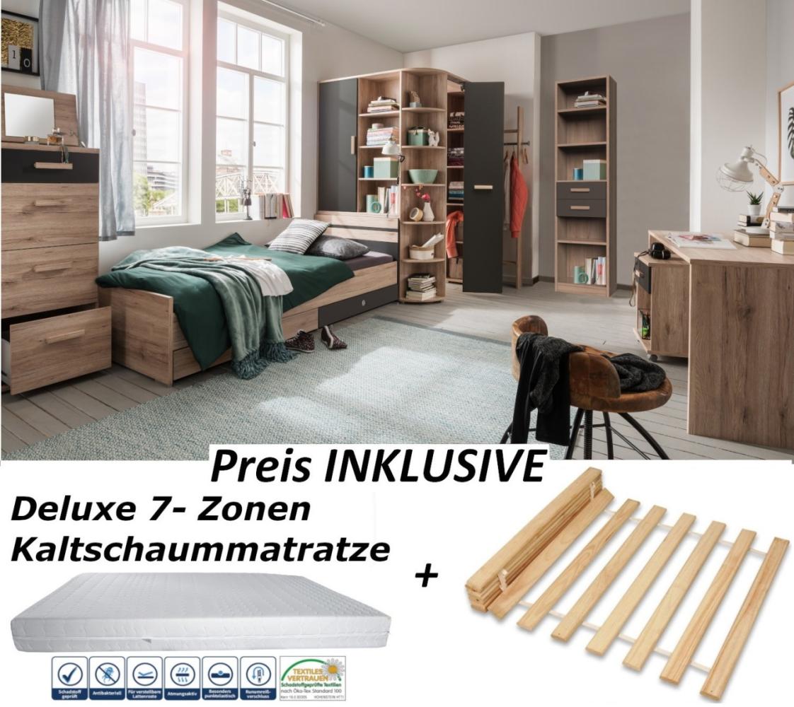 Jugendzimmer Cariba von Wimex 10 teilig in Eiche San Remo und Graphit Komplett Set mit begehbarem Eckschrank, Bett mit Bettschubkästen, Schreibtisch mit Rollcontainer, Kommode, Regal und Garberobe, INKLUSIVE Deluxe Matratze und Lattenrost Bild 1