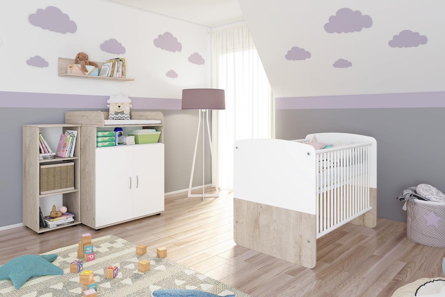 Lani Set 2: best. aus Babybett, Kommode, Wickelaufsatz, Wandboard und Regal mit 3 Fächern Bild 1