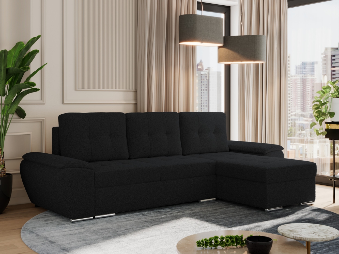 Universelles Ecksofa mit Schlaffunktion, Bettkasten und losen Kissen, gesteppte Sitzfläche - UMBRIA - Schwarz Boucle Bild 1