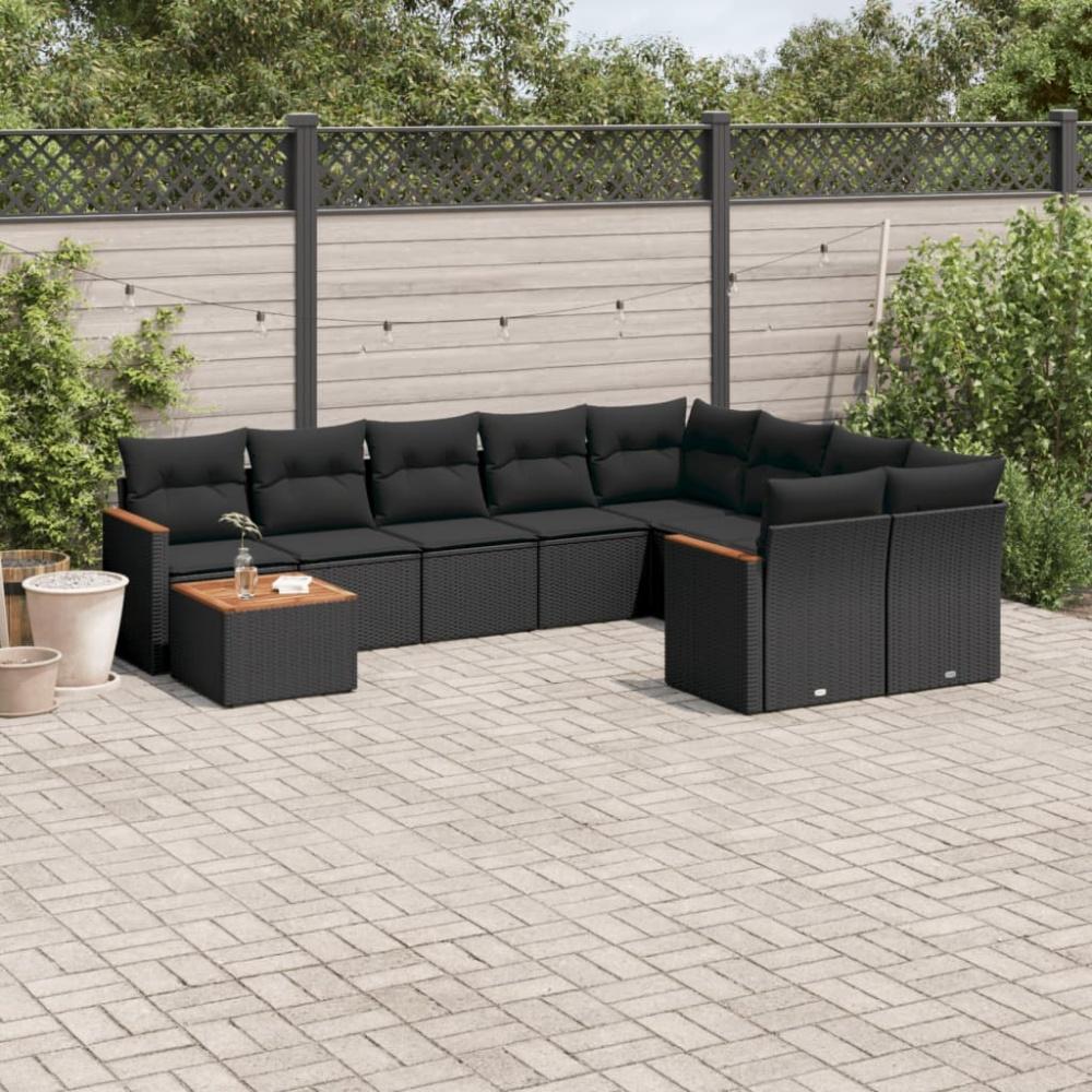 vidaXL 10-tlg. Garten-Sofagarnitur mit Kissen Schwarz Poly Rattan 3226314 Bild 1